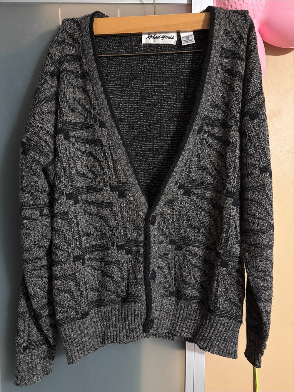 Vintage Michael Gerald Black and Gray Geometric V-Neck Cardigan